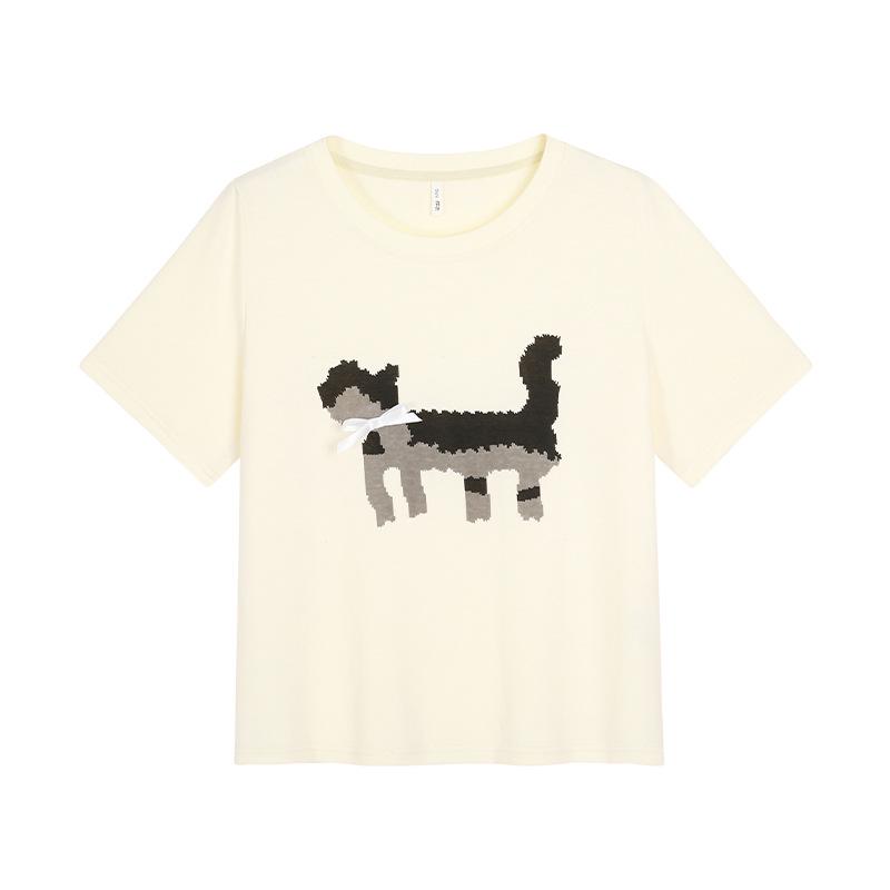 Vynikající tričko s potiskem koťátka s mašličkou, kulatým výstřihem, volného střihu pro ženy, nadměrná velikost, letní top s krátkým rukávem