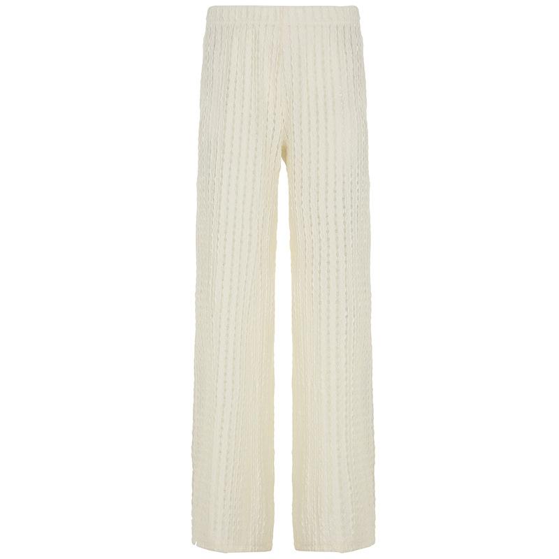 Women s High Waist Wide Leg Knit Pants White Casual Lounge Trousers S