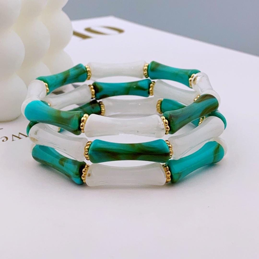 

3шт. Акриловый эластичный браслет с бусинами и разноцветными бамбуками для женщин, повседневный браслет для женщин