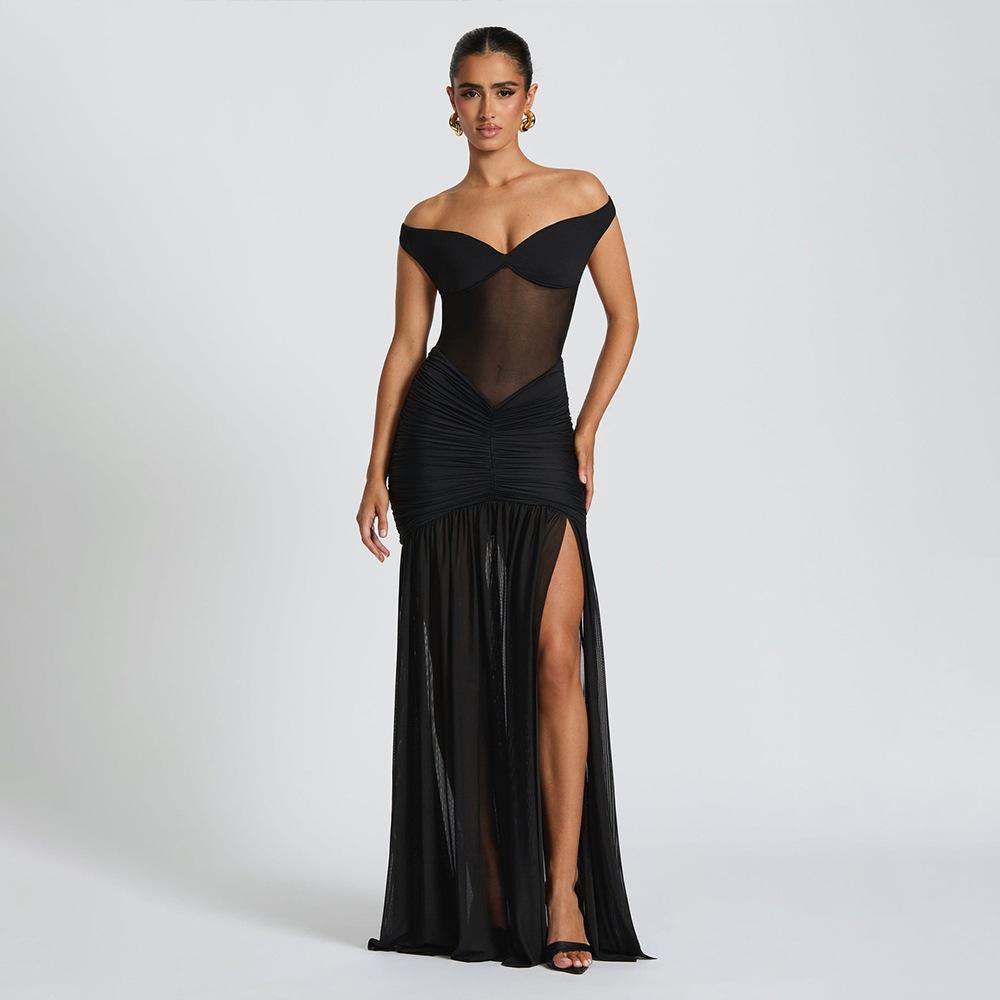 Seksowna Sukienka Bandeau z Dekoltem na Szyję Modna Elegancka Siateczkowa Plisowana Rozcięcie na Biodrze Sukienka Owijana