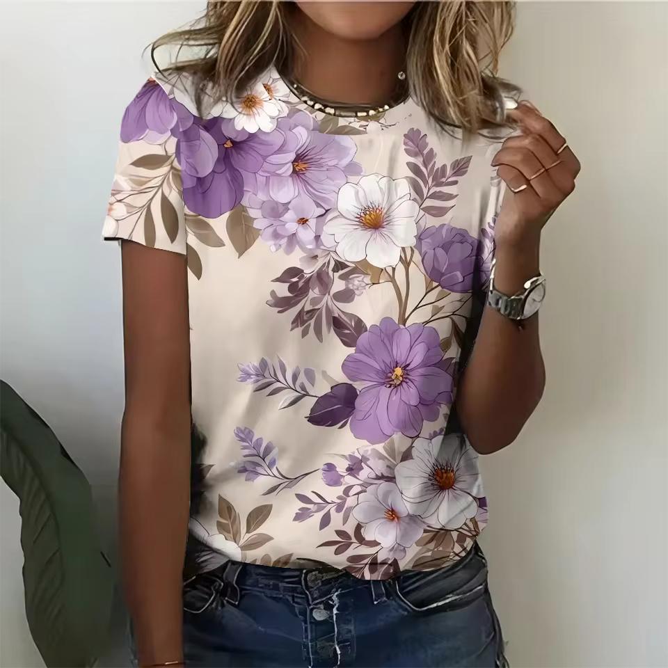 Summer Simple Fresh Style Flower Patter Women Fashionable Comfortable Loose Large Size T-shirt