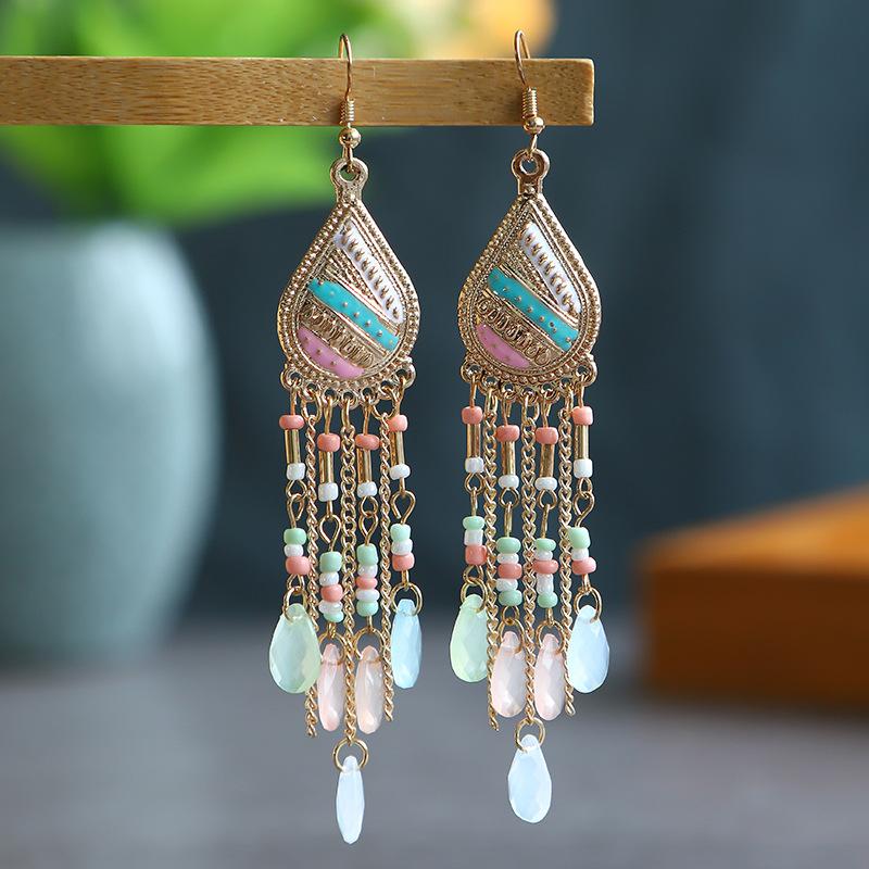 

Bohemian Colorful Crystal Dangle Earring For Women Ethnic Rhinestone Beads Statement Hanging Tassel Earrings Vacation Jewelry