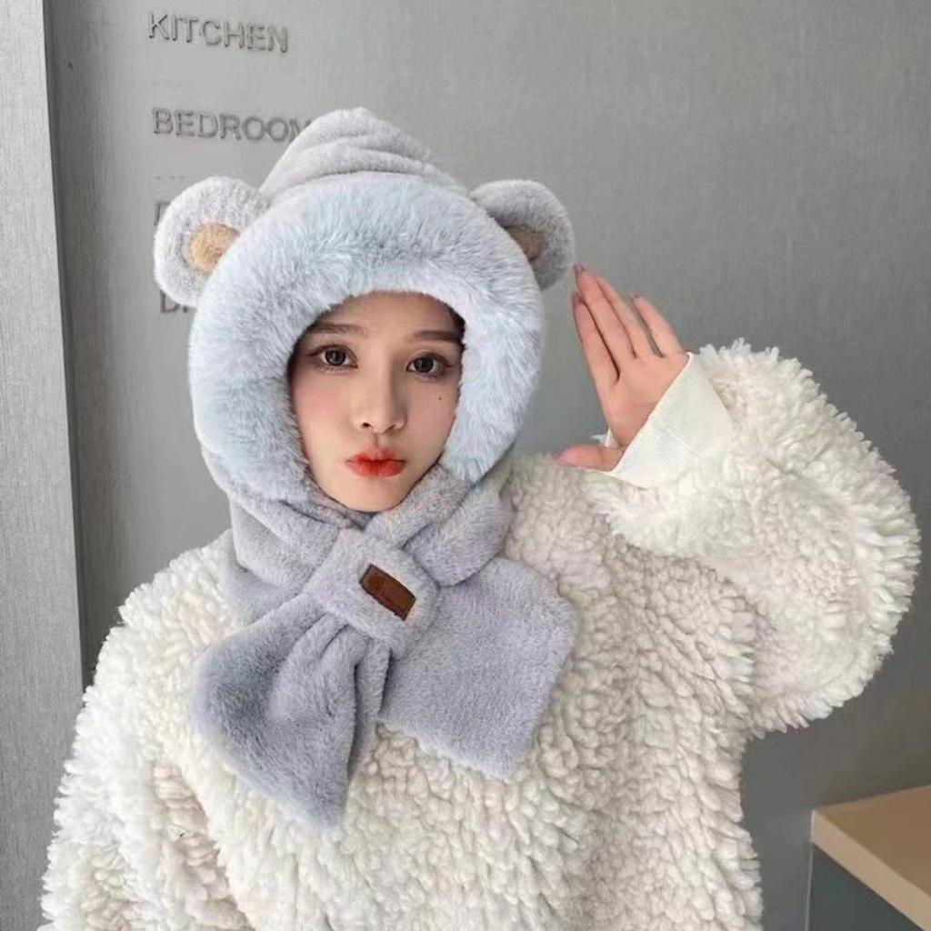 Hat Scarf One-piece Women's Winter Plush Hat Hooded Scarf Thickened Winter Versatile Warm and Trendy