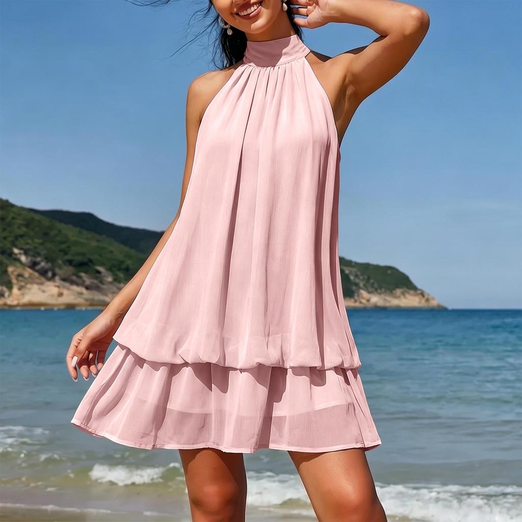 Sleeveless Halter Neck Mini Dress with Layered Hem and Loose Fit for Women Suitable for Various Occasions