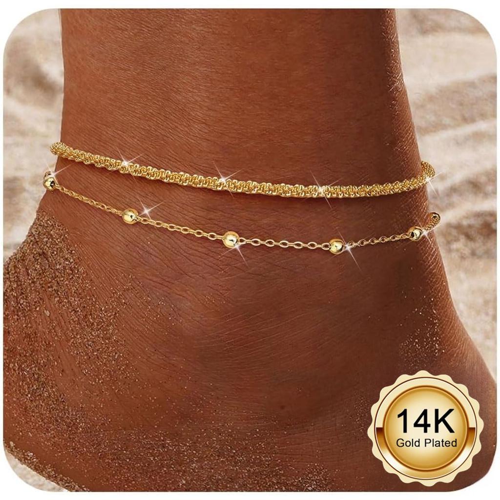 Bobisty Gold Plated Ankle Bracelets for Women Adjustable Anklets Waterproof Dainty Layered Ankle Chains Beaded Rope Link Beach