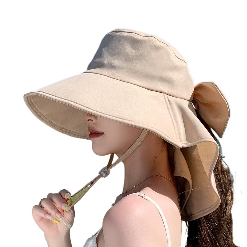 Summer Bow Shawl Bucket Hats For Women Outdoor Sun Protection Visor Korean Fashion Lady Fisherman Hat With Ponytail Cap Female