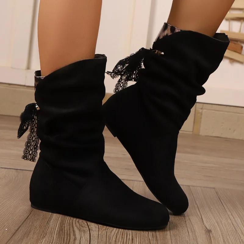 Fashion Fashion Lace Lace-Up Back Mid-Thigh Boots Women's Plus Size Suede Round Toe Sleeve Flat Skinny Boots