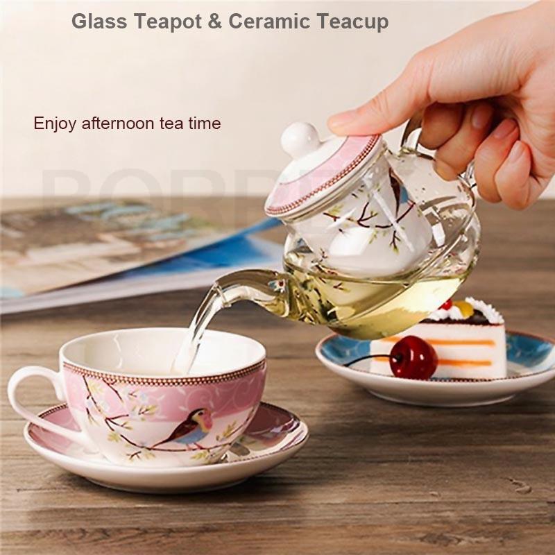 BORREY Flower Tea Pot Ceramic Teacup Saucer Heat Resistant Glass Teapot Filter Porcelain Office Coffee Cup Mug Afternoon Tea Set
