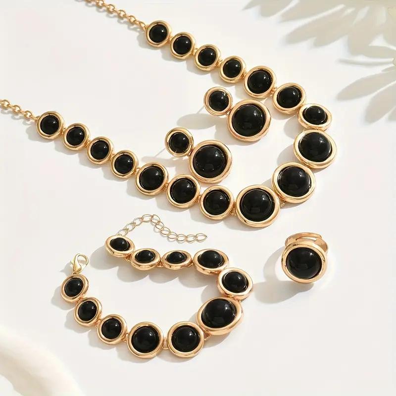 5-Piece Retro Geometric Patchwork Jewelry Set: Necklace, Bracelet, Earrings & Ring, Ideal for Ladies At Parties