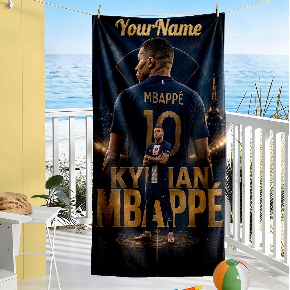 Mbappe Personalized Text Beach Towel High Absorbency & Quick-Dry Suitable for Swimming Gym Camping Yoga Vacation