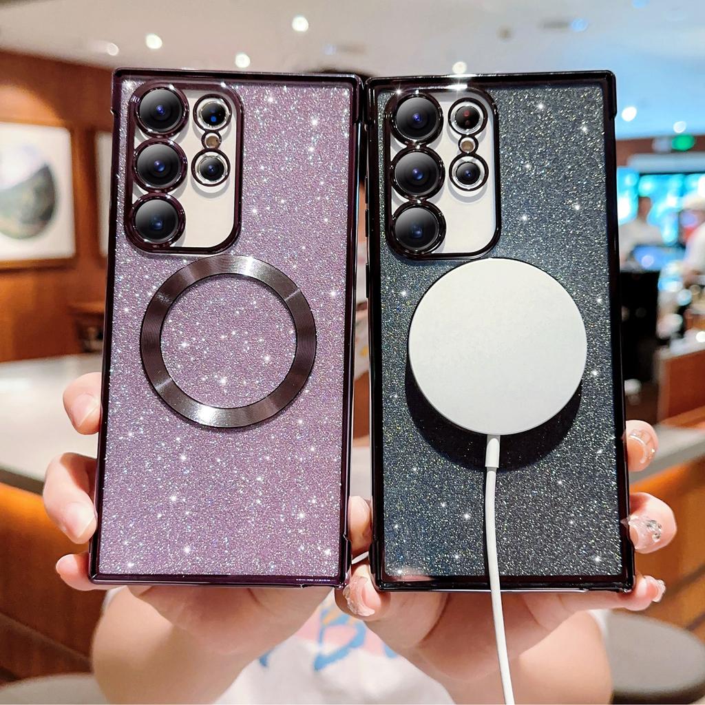 Para Capa Samsung Galaxy S23 Ultra Galvanizada Glitter TPU Transparente Capa de Telefone Compatível com MagSafe