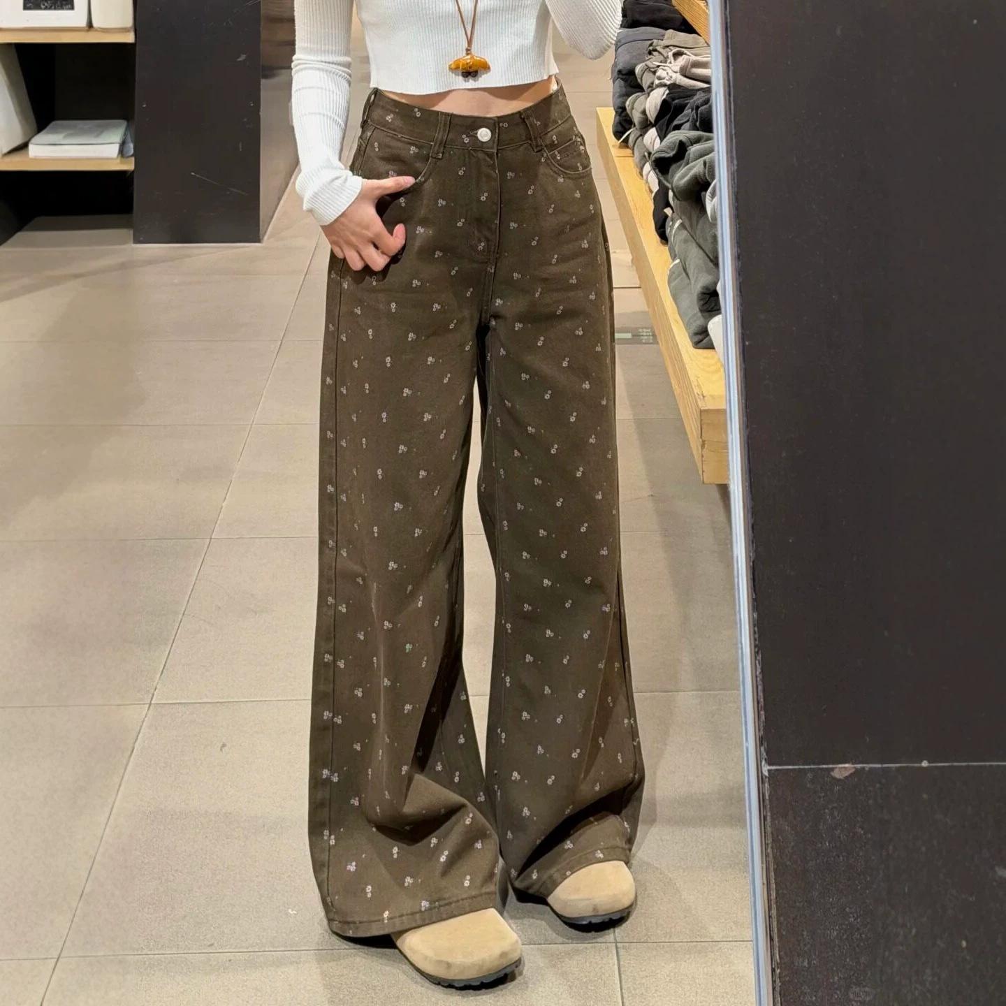 Floral Summer Loose Wide-leg Jeans Women s Straight-leg Denim Straight-leg Pants Women s High-waisted and Thin Pants Muted Brown Floral Floor Pants S