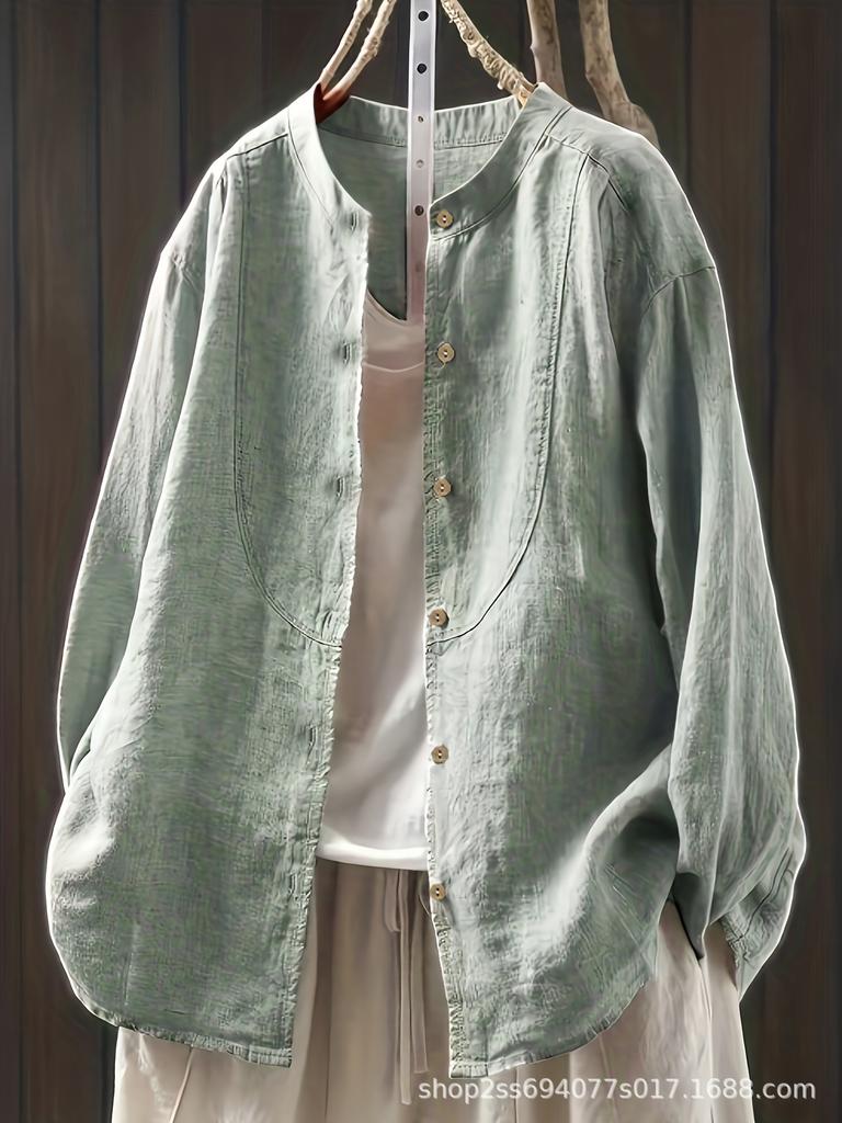 2025 Herbst Retro Künstlerisch Locker Geschnitten Leinen Stehkragen Strickjacke Hemd