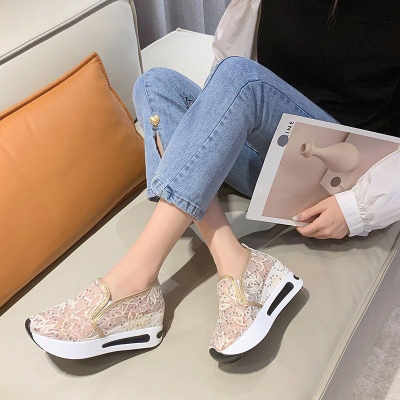 Fashion Summer High Platform Slip On Sequins Casual Woman Footwear Sale Y2k Fashion Designer Luxury Lace Mesh Breathable Shoes for Women