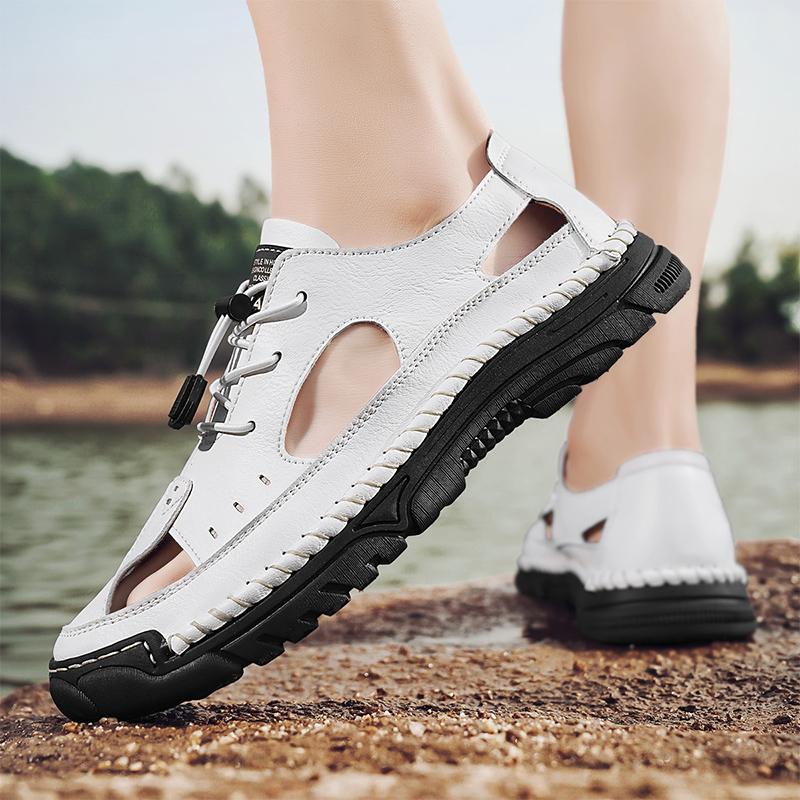 Fashion Summer Outdoor  Comfort Men Sandals Breathable Leisure Beach Vacation Men Hollow Out Shoes Quality Split Leather The Men Sandals