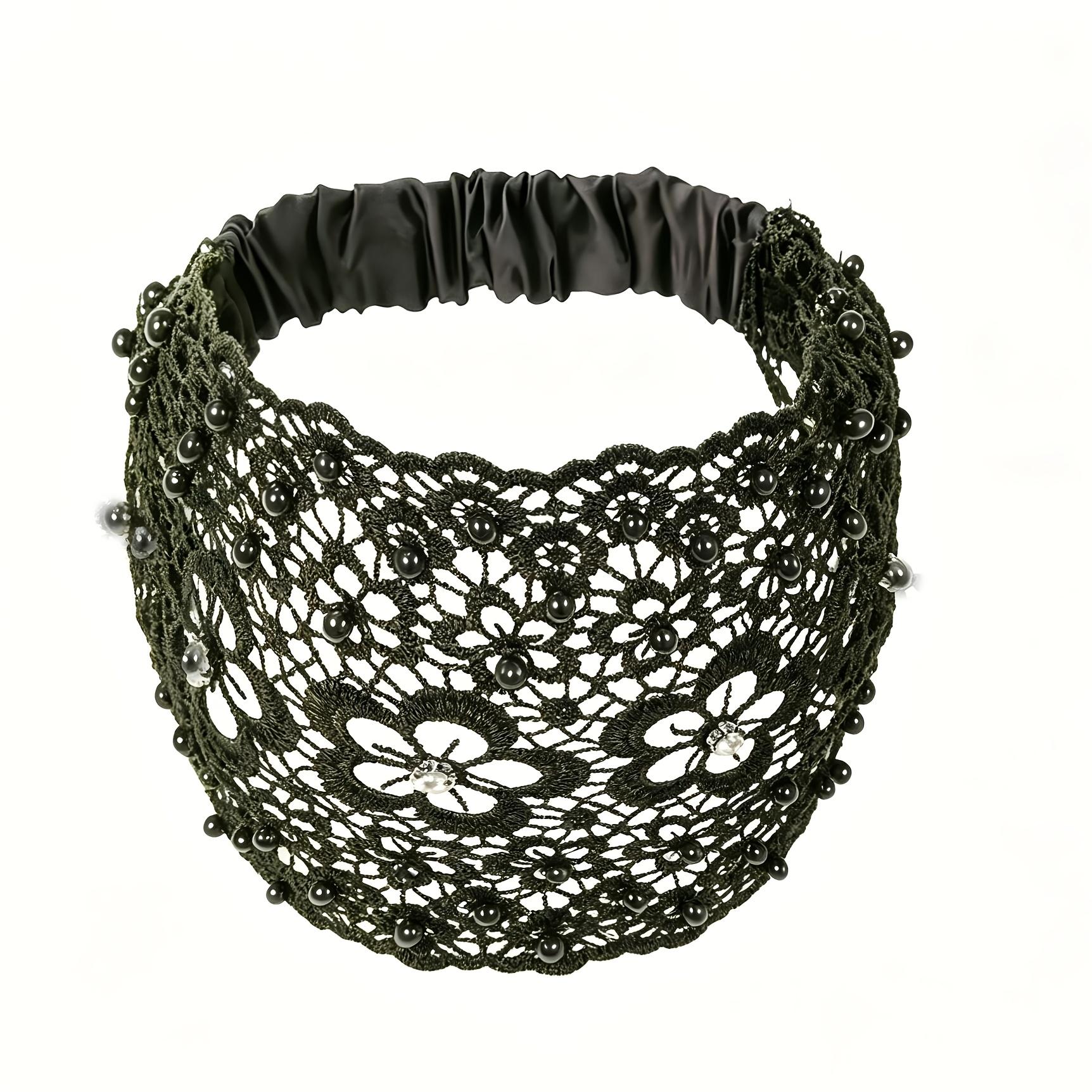 1Pc Plum Blossom Hollow Hairband With Beads, Wide Edge Hairband To Cover Gray Hair зелёный