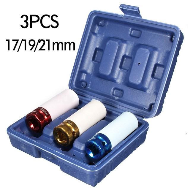 Auto Car 1/2'' 3Pcs 17mm 19mm 21mm Alloy Thin Wall Wheel Nut Deep Impact Socket Drive Set Gift Box For Friend Repair Tool Set