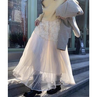 DIMANAF 2025 Summer Women New Skirts Vintage Elastic Pleated Elegant White Long Skirts Lace High Waist