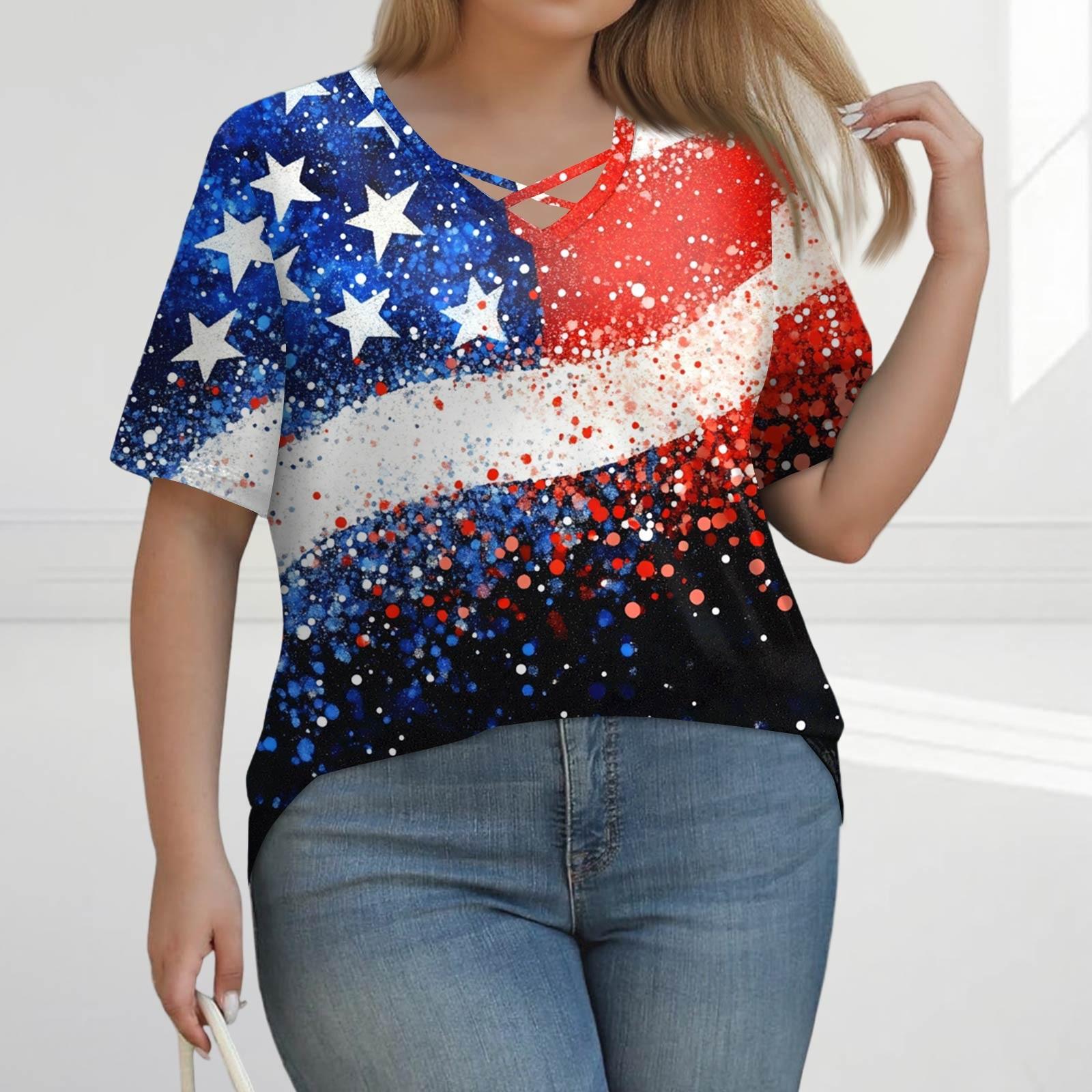 

Женская модная повседневная винтажная футболка с принтом «День независимости» с V-образным вырезом и коротким рукавом большого размера L красный