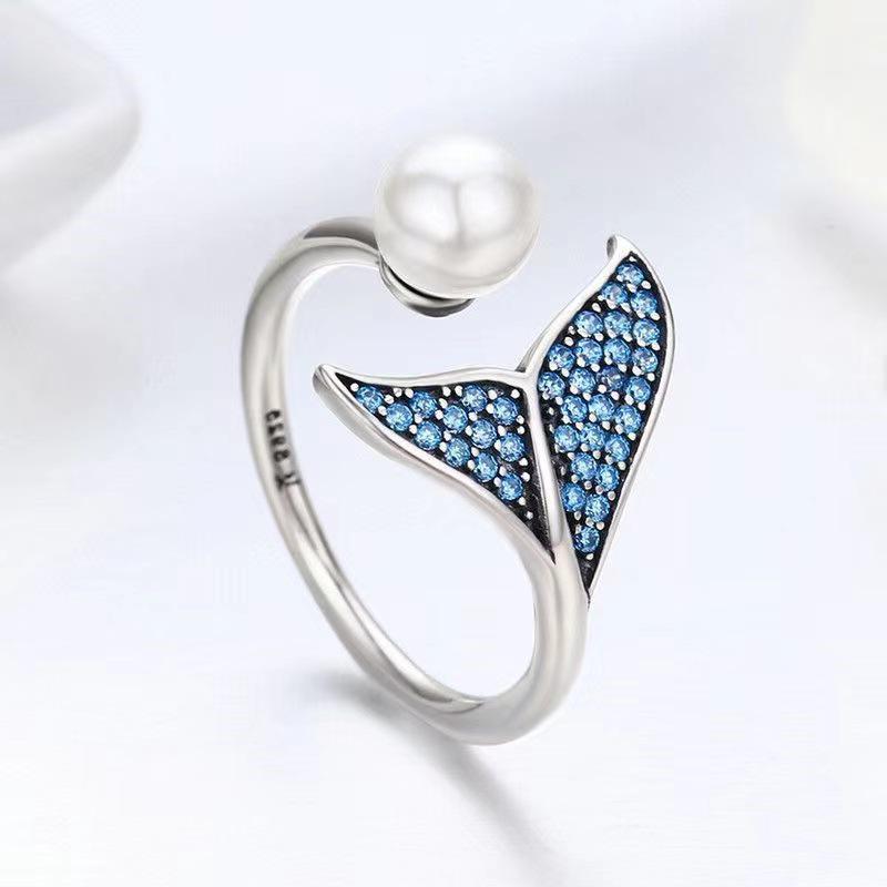 Exquisite Silver Fishtail Zirconia Open Ring - Luxury Adjustable Women's Jewelry