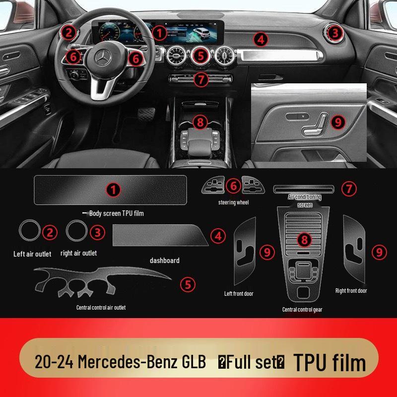Compatible Interior Films for 25 Mercedes-Benz GLA/GLB Models: Navigation Screen, Gear Shift, and AC Stickers in HD TPU.