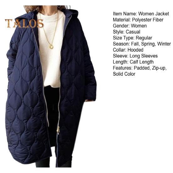 Fall Winter Women Jacket Hooded Zip-up Rhombus Texture Thin Padded Long Sleeves Mid Length Loose Work School Daily Coat