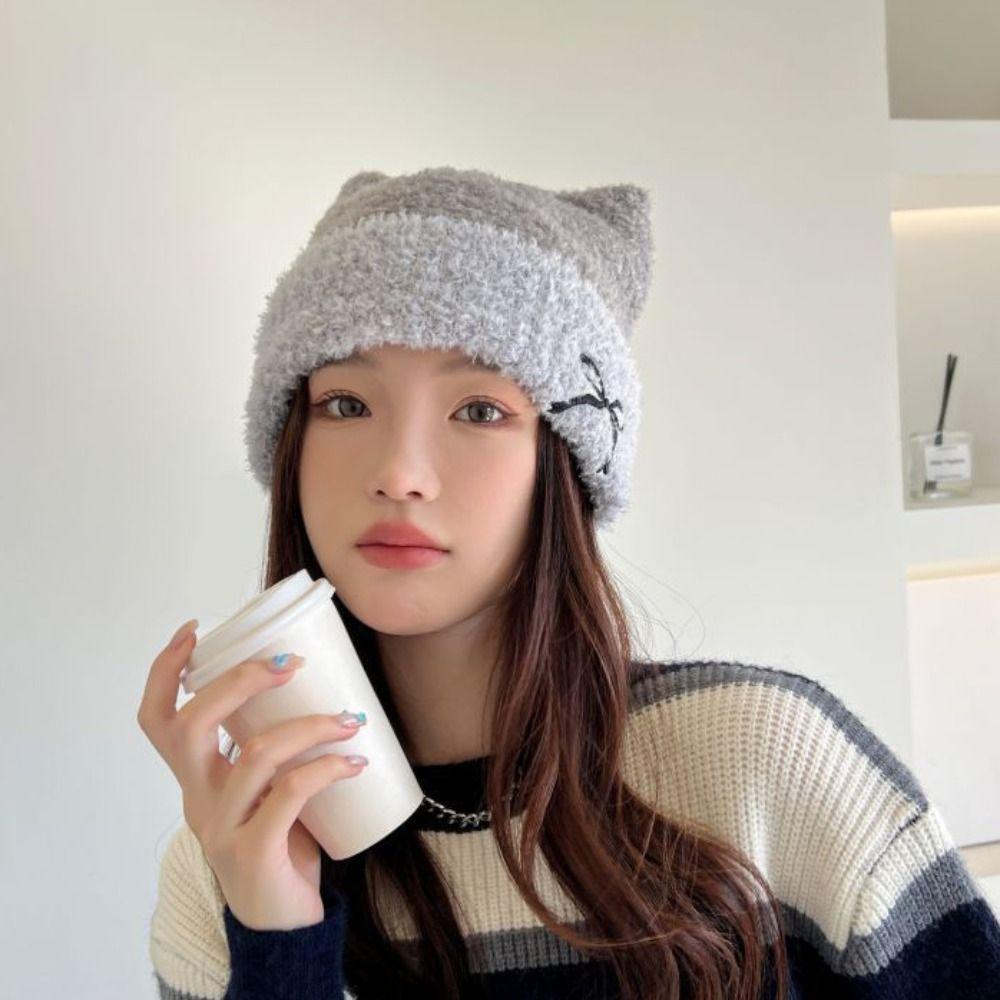 Bow Knitted Beanie Hat Keep Warm Winter Knitted Hat Fashion Cat Ears Hat  Streetwear