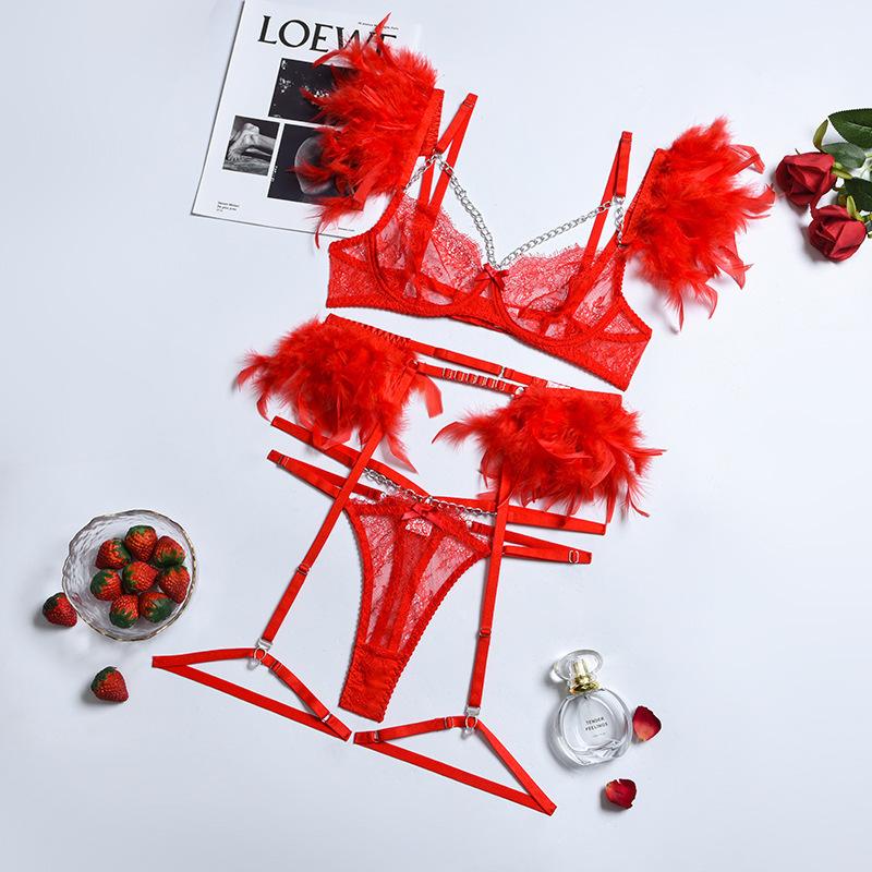 Sexy Lingerie, Complex Craftsmanship, Metal Chain Lace, Feather Lace, Eyelash Underwear, Four or Three-piece Set