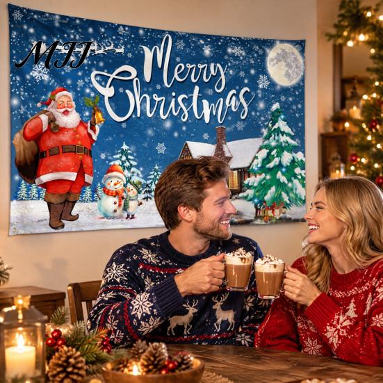 Santa Claus Wall Backdrop Christmas Banner, 71x43 Inches Sleigh Reindeer Snowman for Winter Wonderland Reusable Holiday Party Decorations, Indoor
