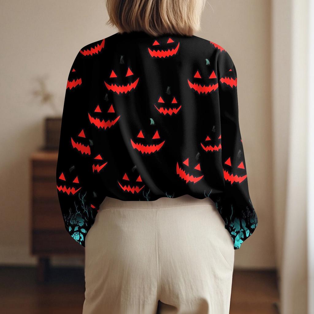 Damen Hemd Bluse Halloween Print Knopf Langarm Lässig Basic Hemdkragen Regulär Top