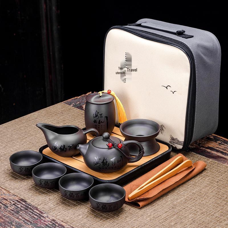 Portable Purple Clay Xishi Teapot Set with Leather Bag and Tea Tray for Home, Travel, or Business
