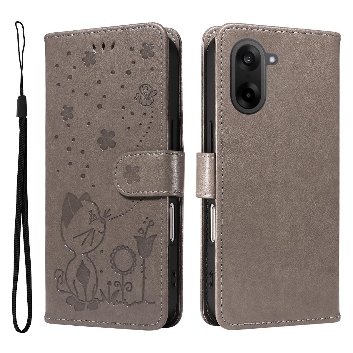 

For OnePlus Nord CE5 5G/OnePlus Ace 5 Racing 5G Leather Wallet Case Cat Bee Pattern Phone Cover Stand Grey