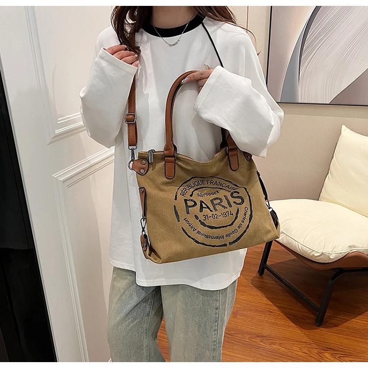 Grote Retro Canvas Draagtas - Verstelbare Schouderband Vintage Parijs Stempelprint - Stijlvolle Crossbody Tas voor Dames