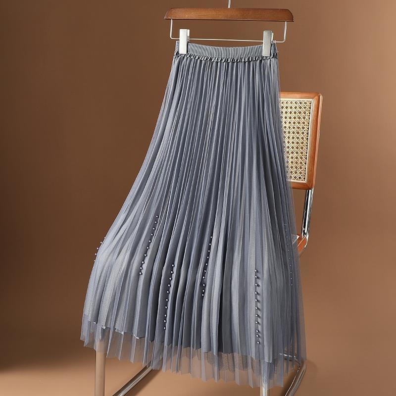 

WTEMPO Двусторонняя одежда Золотая бархатная сетка с бусинами Осень-зимняя юбка для женщин с высокой талией Плиссированное платье А-силуэта средней длины One size