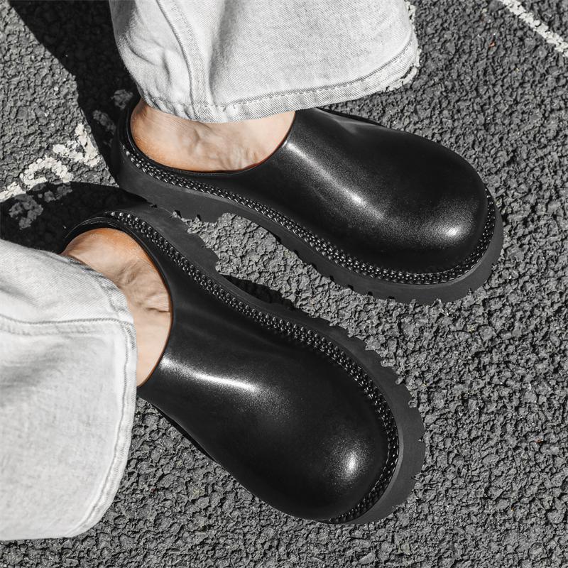 Pánské kožené boty s kulatou hlavou Letní trendy pantofle Venkovní volnočasová párty chůze tlustá podrážka výška zvyšující pánské boty