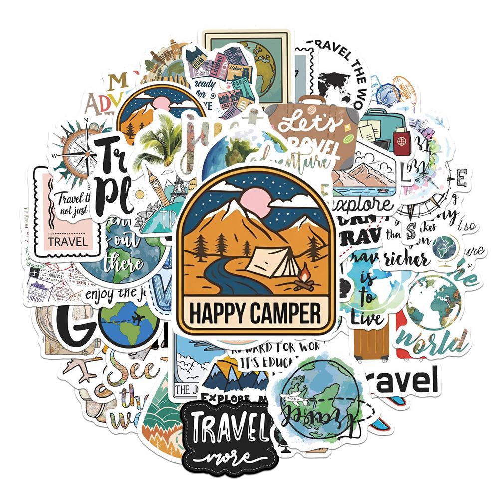 10/30/50pcs Outdoor Travel Cartoon Stickers World Map Landscape Decals DIY Laptop Journal Notebook Holiday Vacation Sticker Pack