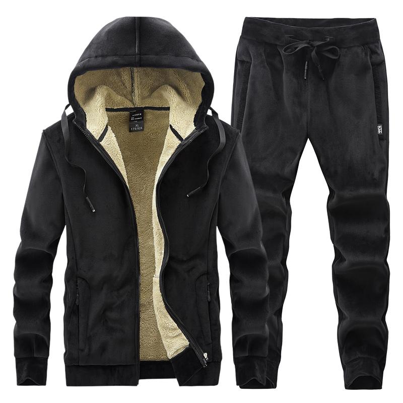 Tuta da uomo autunno inverno, spessa e calda, con cappuccio e pantaloni, set casual da uomo, cappotto + pantaloni, completo in velluto, 2 pezzi, abbigliamento sportivo