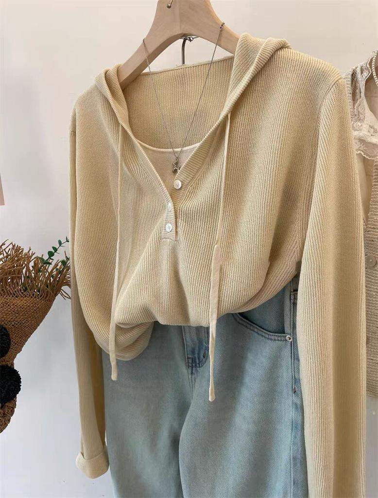 Classic group! Trendy fake two-piece half-open button hooded Tencel hemp knitted sweater hoodie women's short top tide