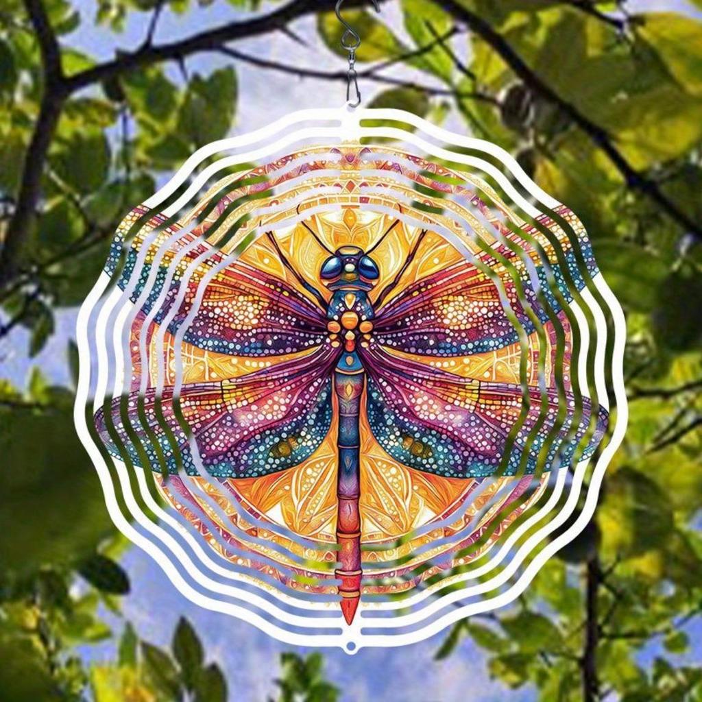 Kovová větrná rolnička s rotujícím větrníkem, venkovní závěsná dekorace s barevným motivem vážek, zahradní dynamické umělecké řemeslo pro Halloween