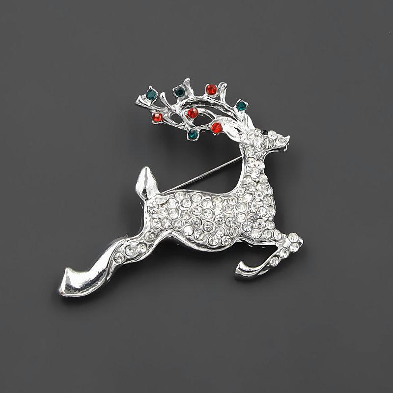 Gold-Plated Rhinestone Christmas Reindeer Brooch