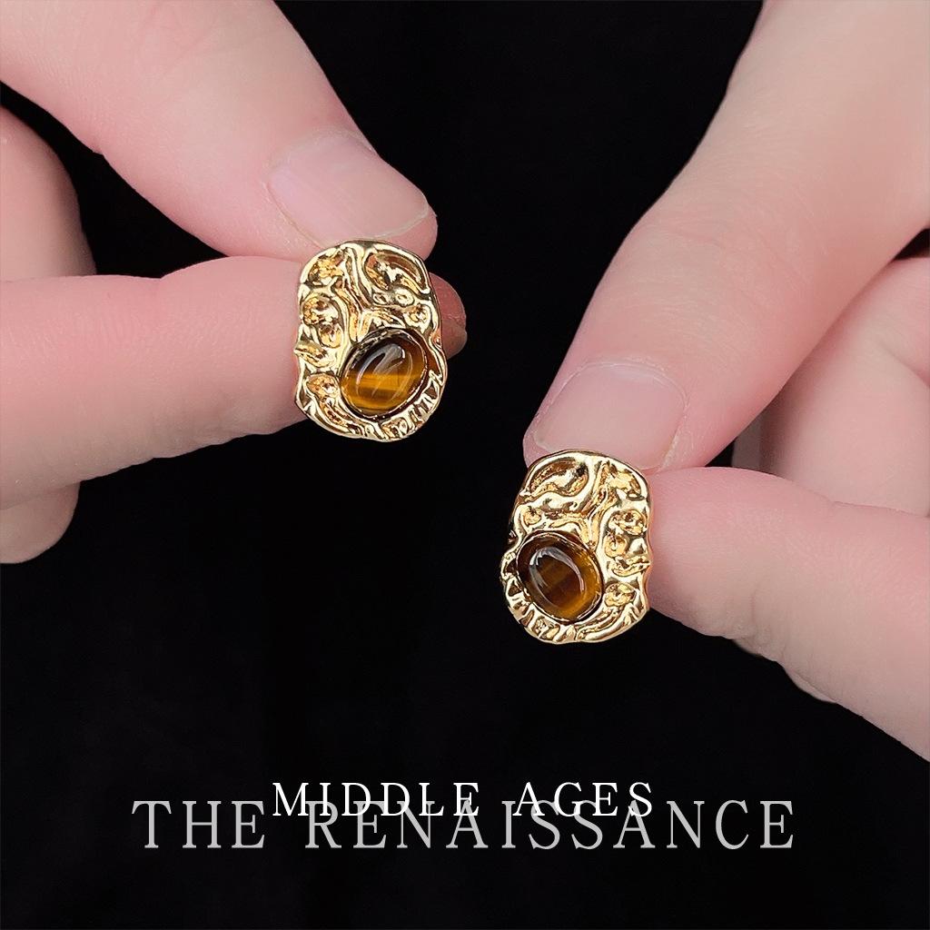 Средневековые золотисто-коричневые французские ретро серьги-пусеты  тигровый глаз , геометрические плиссированные серьги, премиальные серьги
