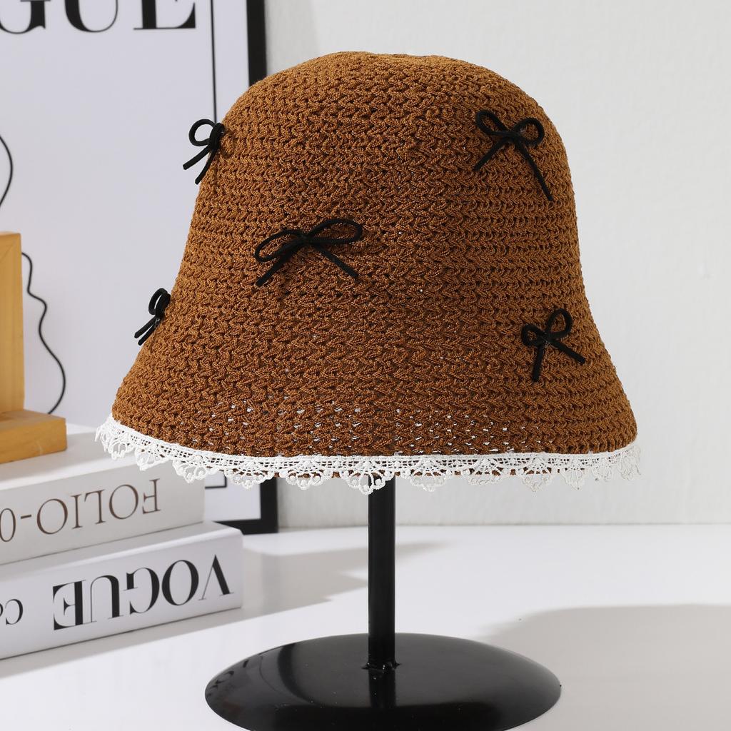 New Hollow Bucket Hat Women's Summer Breathable Sunscreen Hat Sweet Bow Sunshade Bucket Hat