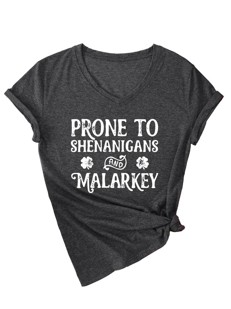 Fashionable and Versatile Prone To Shenanigans Printed Top V-neck Short Sleeved Women's T-shirts