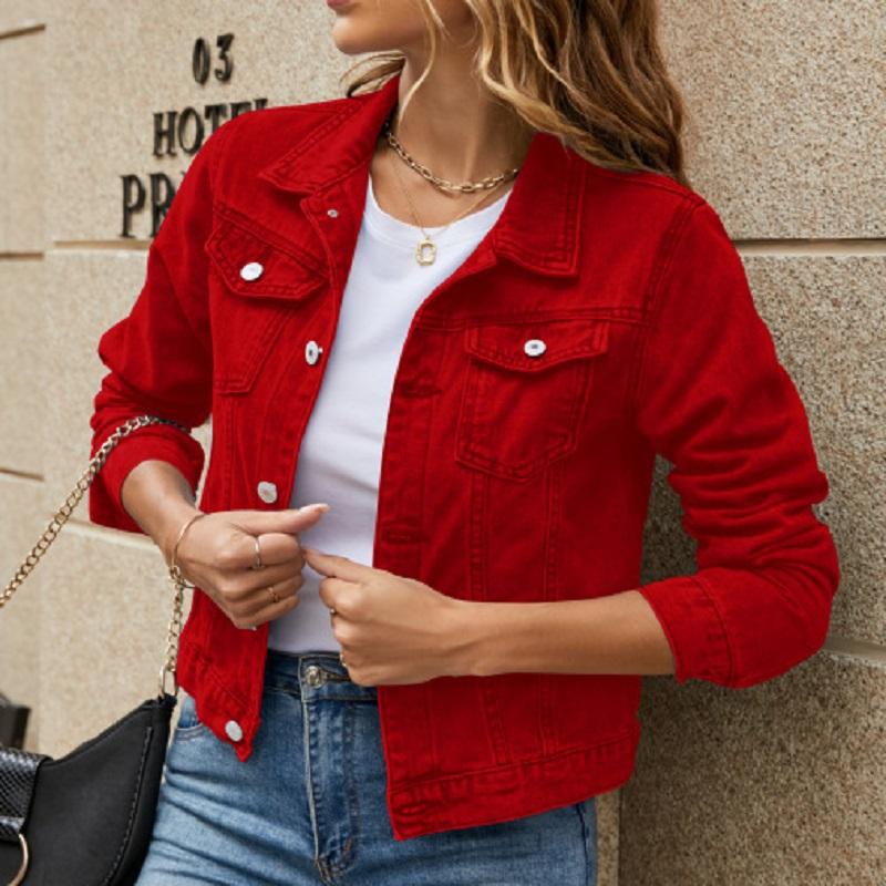 Women Autumn Denim Short Jackets Ladies Winter Single Breasted Long Sleeve Turn-down Collar Jeans Coats