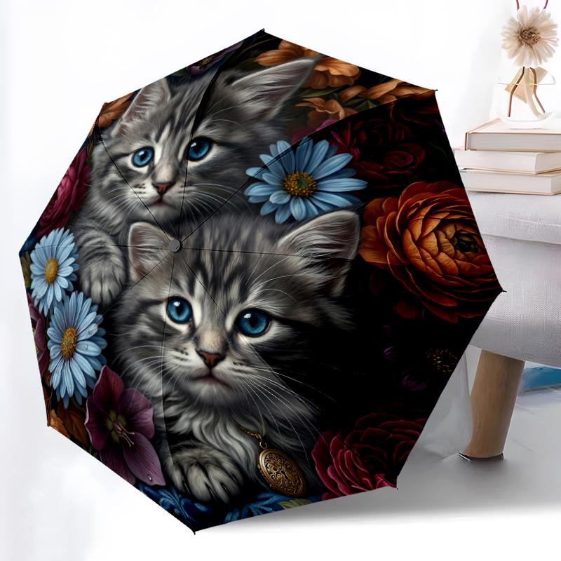 1pc Sturdy 8-Bone Auto Umbrella, Adorable Black Feline Pair Umbrella, Digital Printed, Foldable Umbrella for On-the-Go Outdoor Use