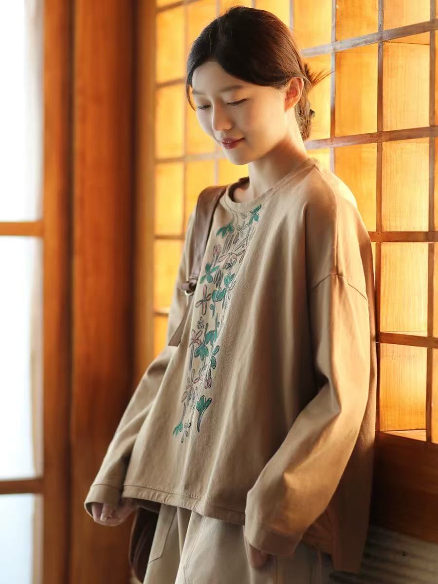 

Johnature Женские винтажные футболки с цветочным принтом, с круглым вырезом, с длинным рукавом, весенние, мягкие, свободные, однотонные One Size хаки