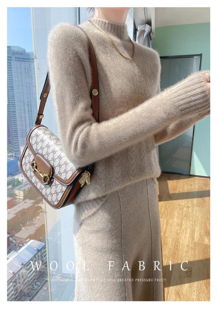 Women's 100% Pure Wool Thick High-Neck Cable Knit Sweater