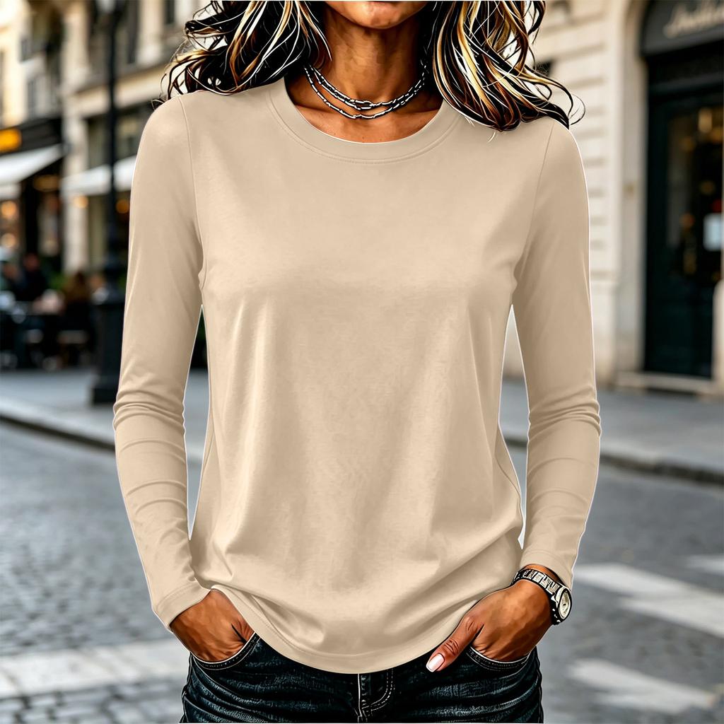 Women's Casual Long Sleeve Solid Color Crew Neck Shirt Lightweight Soft Fabric Relaxed Fit Everyday Wear