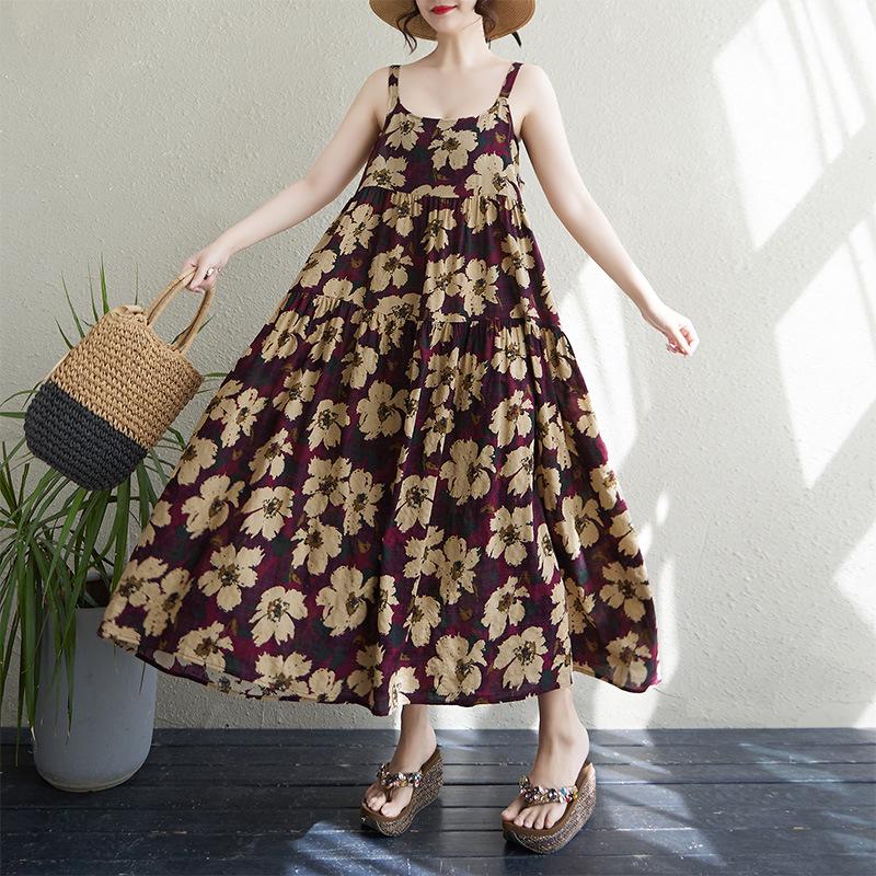 

2025 Summer Cotton Linen Patchwork Long Dress: Loose, Slimming, Large Hem One Size