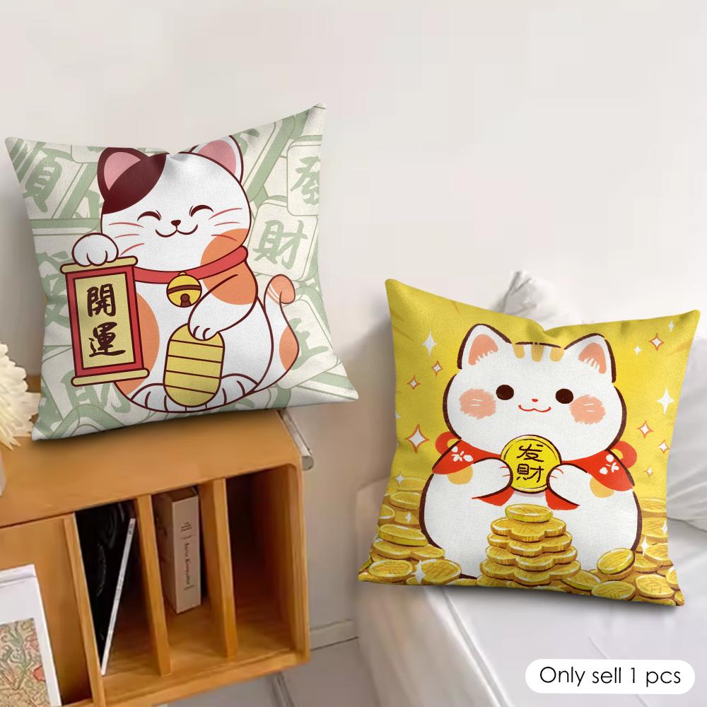 Aneki Neko Rich Luck Money Cat Cushion Cover Silky Short Plush Invisible Zipper Dustproof Sofa Pillow Case For Home Decor
